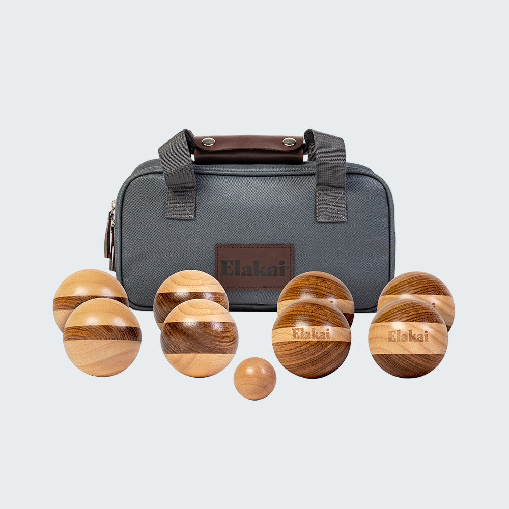 Set of wooden balls with a carrying case on a white background, featuring the brand 'Elakat'.