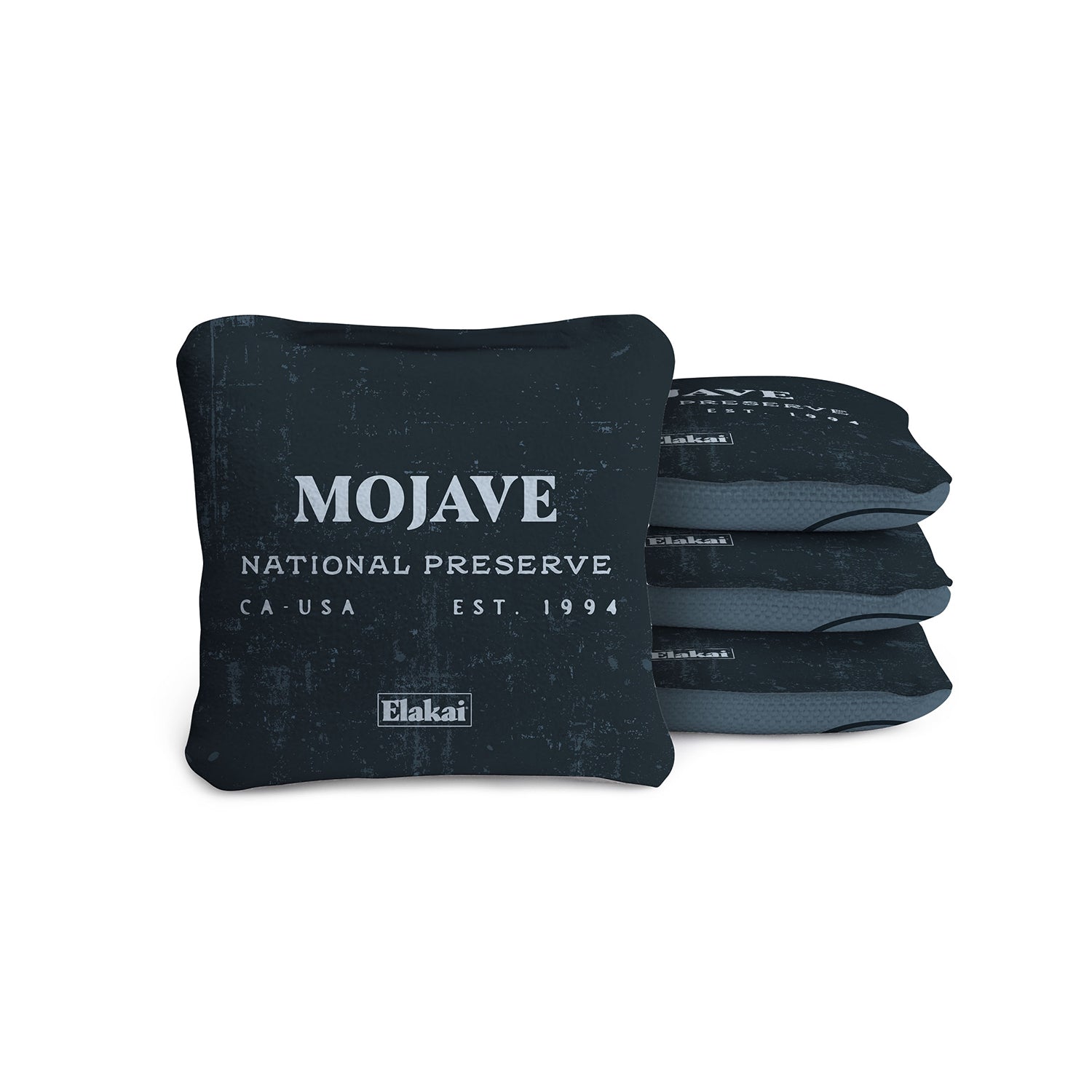 Black bean bags with 'Mojave National Preserve' text on a white background