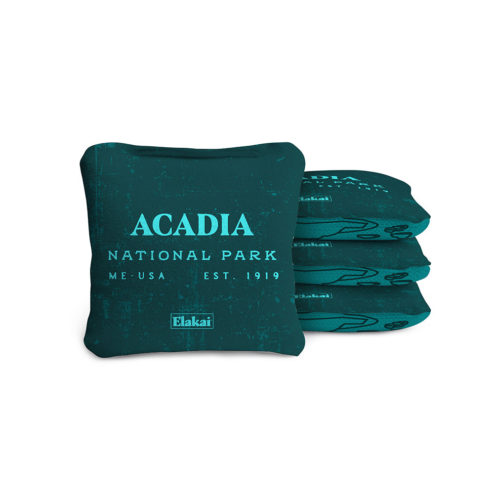 Set of teal bean bags with 'Acadia National Park' text on a white background