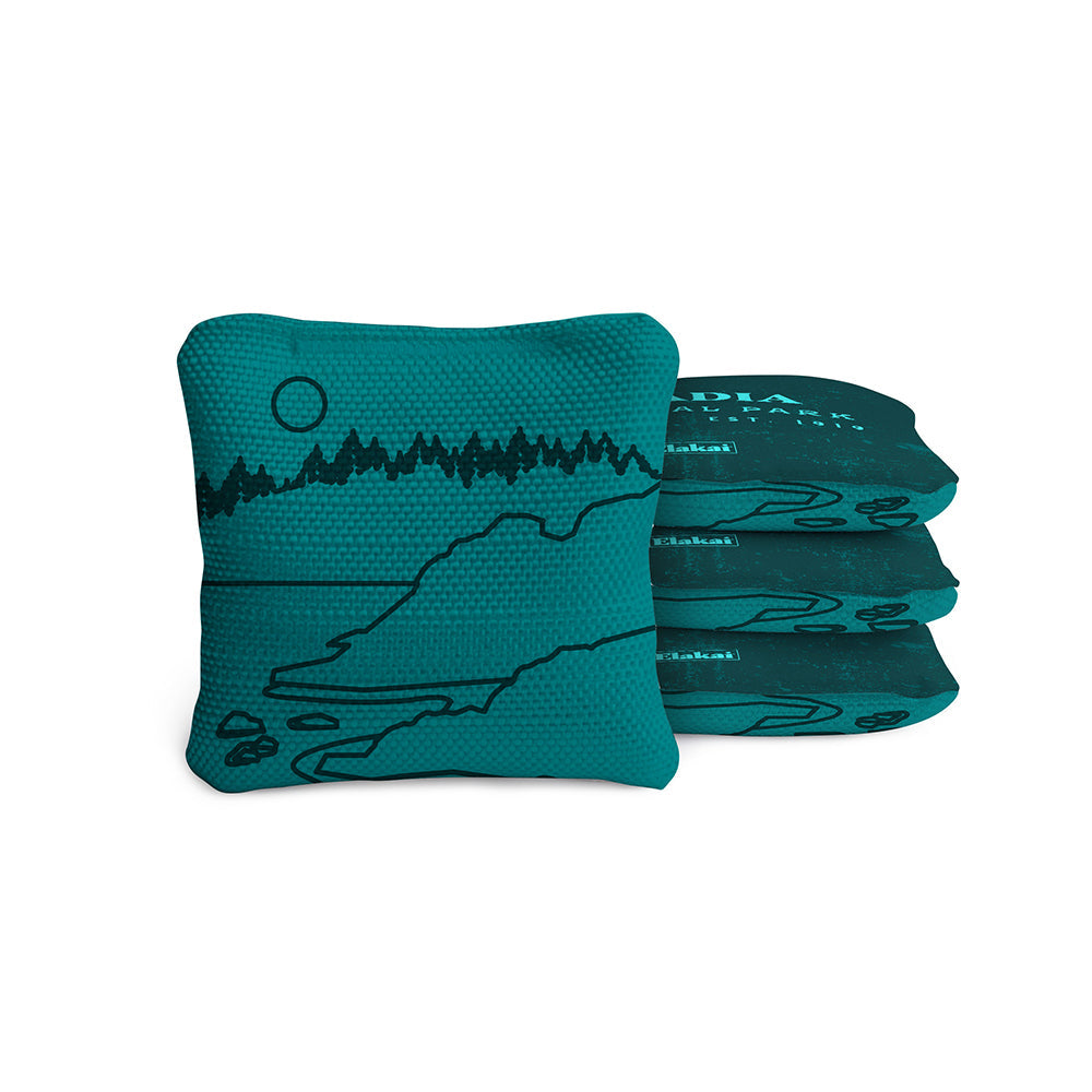 Teal bean bags with black graphics on a white background
