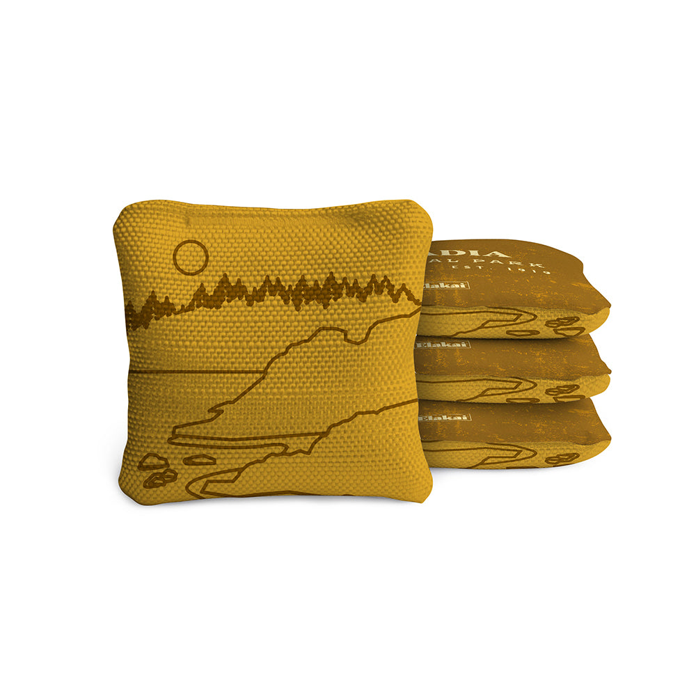 Yellow cornhole bags with a design on a white background