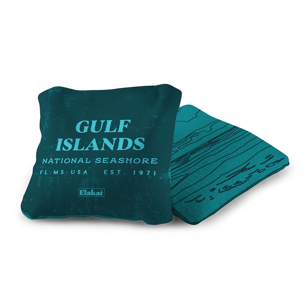 Teal pillow with 'Gulf Islands National Seashore' text on a white background