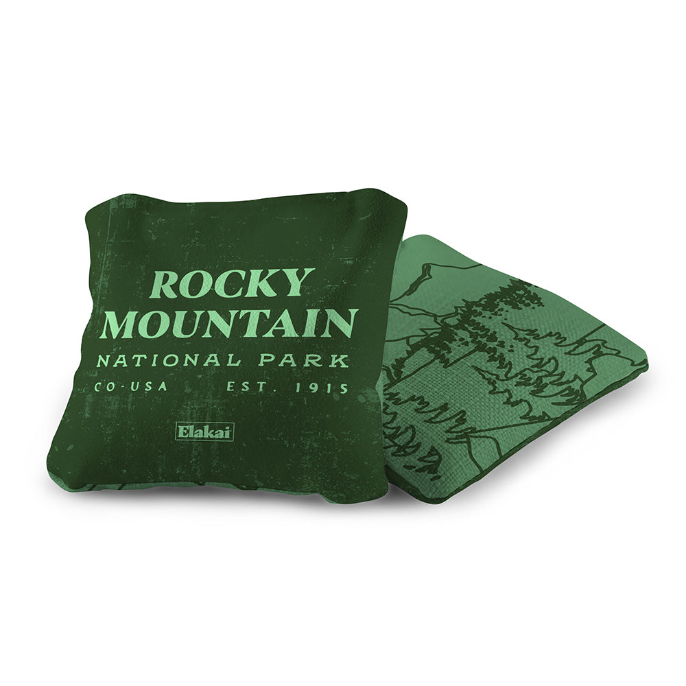 Green coasters with 'Rocky Mountain National Park' text on a white background