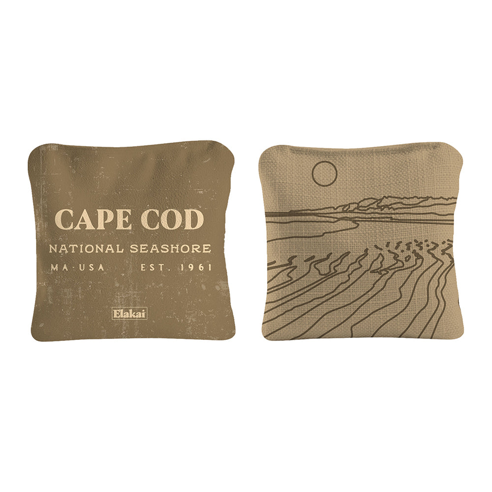 Two brown pillows with 'Cape Cod National Seashore' text and landscape design on a white background