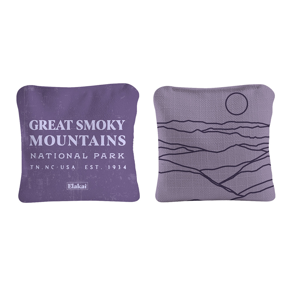 Two purple pillows with 'Great Smoky Mountains National Park' text and landscape design on a white background.