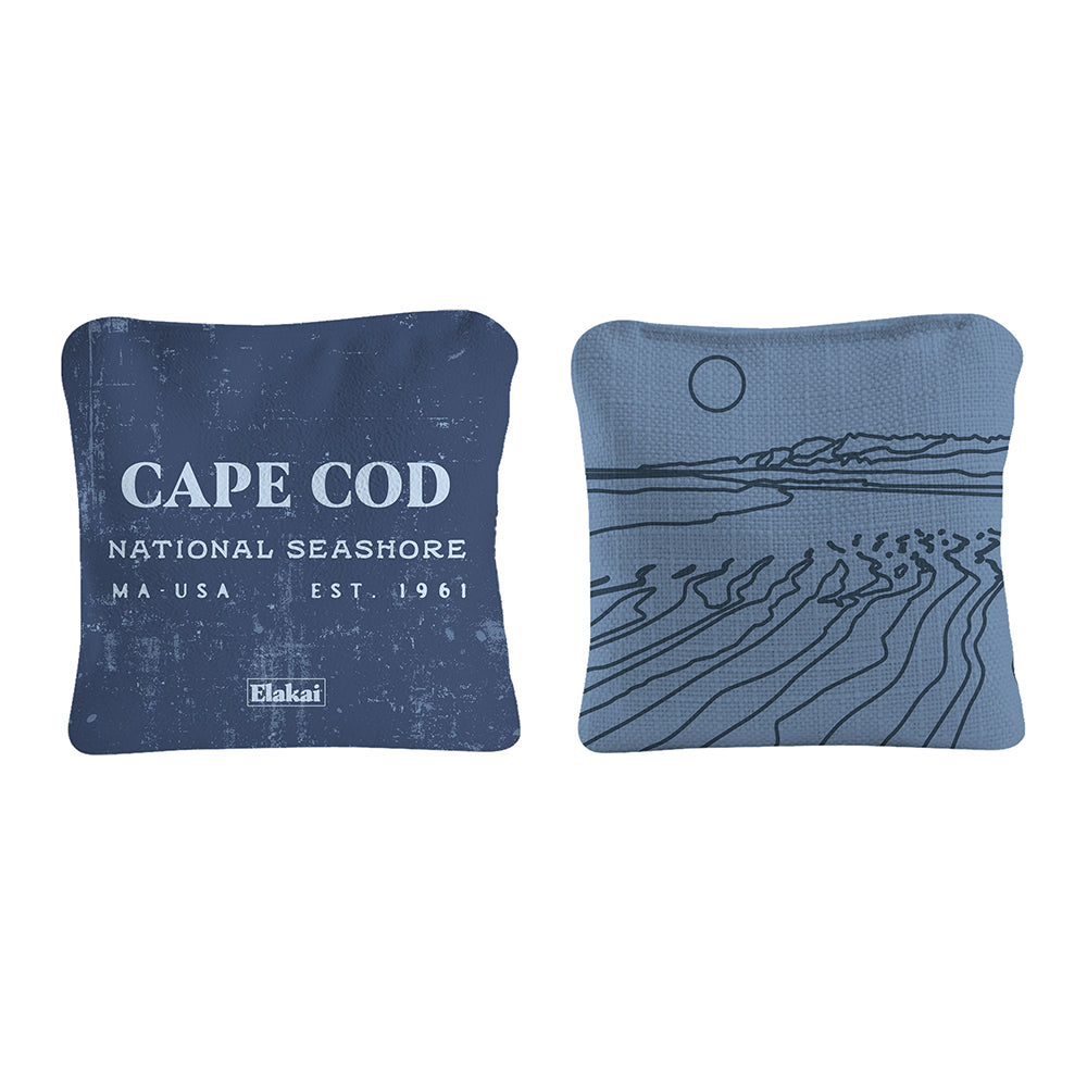 Two blue pillows with 'Cape Cod National Seashore' text and a landscape design on a white background.