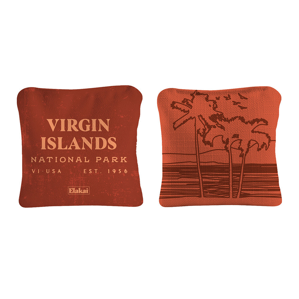 Two red pillows with 'Virgin Islands National Park' text and palm tree design on a white background.