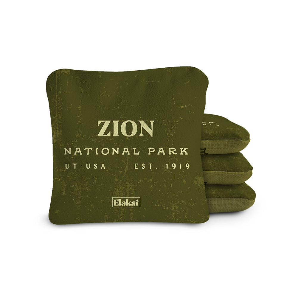 Green bag with 'Zion National Park' text and Elakai branding on a white background