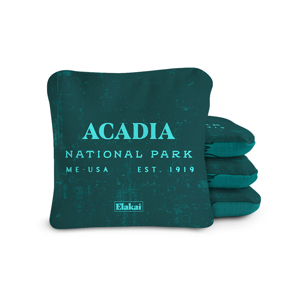 Teal bean bag with 'Acadia National Park' text on a white background