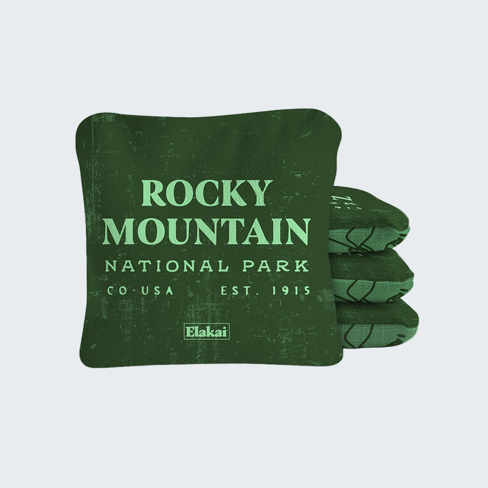 Green bean bag with 'Rocky Mountain National Park' text on a white background