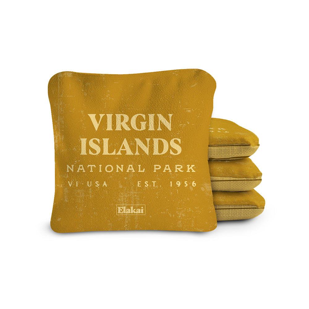 Yellow pillow with 'Virgin Islands National Park' text on a white background