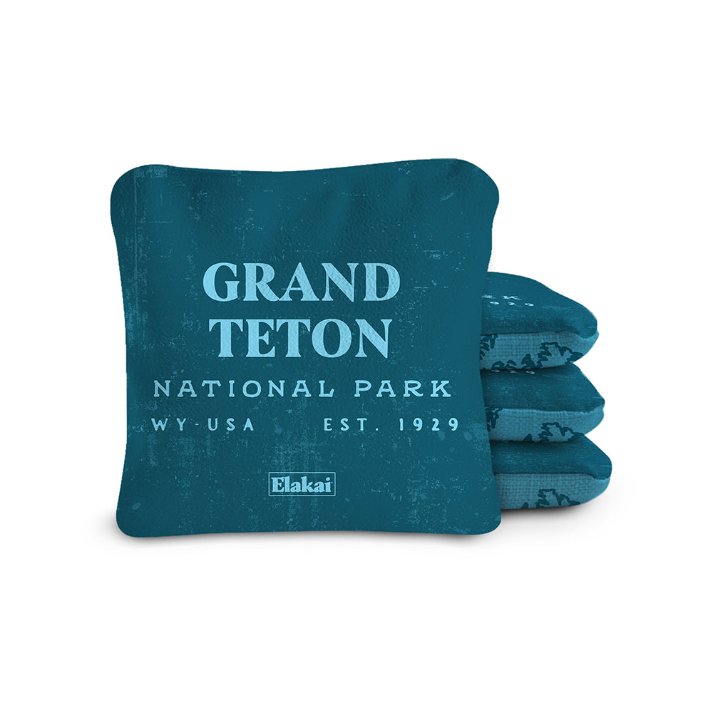 Teal bean bag with Grand Teton National Park text on a white background