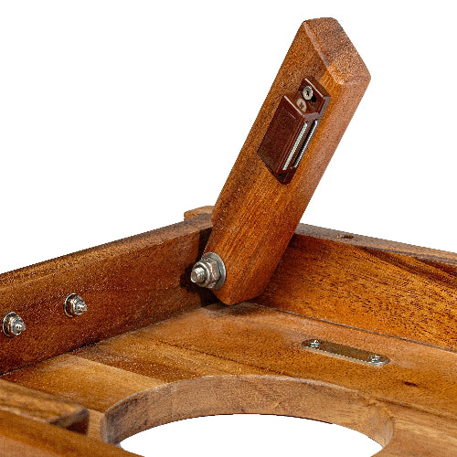 Close-up of a wooden product with metal components on a white background