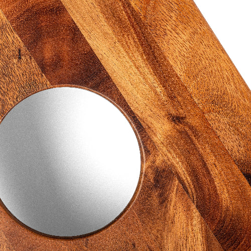 Wooden mirror with a round reflective surface