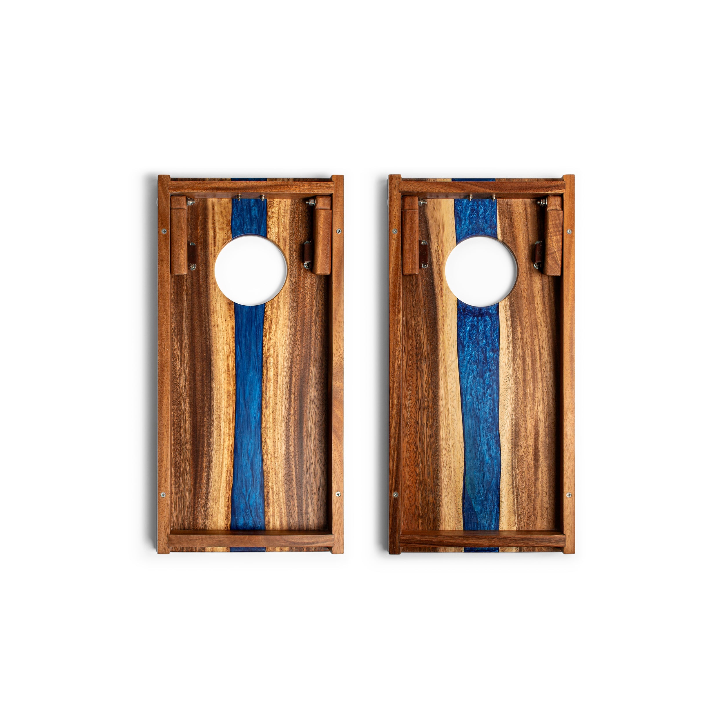 Two wooden cornhole boards with blue stripe design on a white background