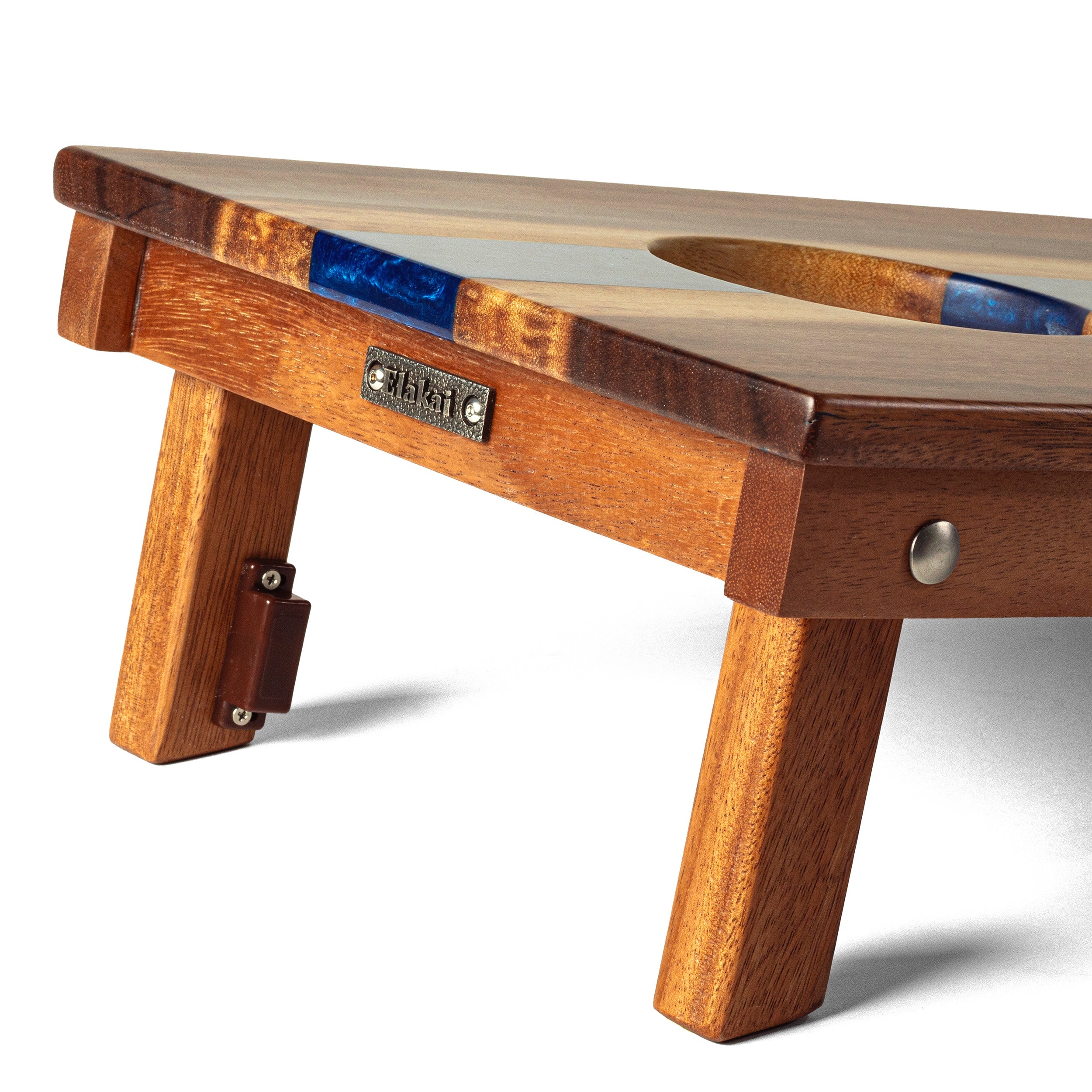 Wooden pet bed with a brand label on a white background