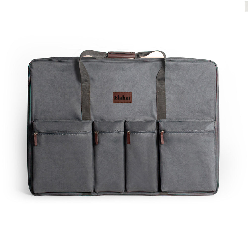 Gray garment bag with multiple pockets and a visible brand logo on a white background