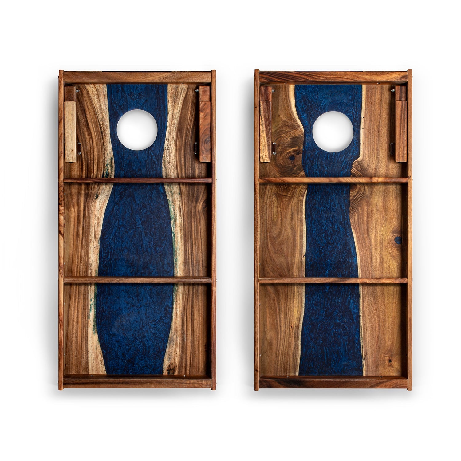 Two wooden cornhole boards with blue and brown design on a white background