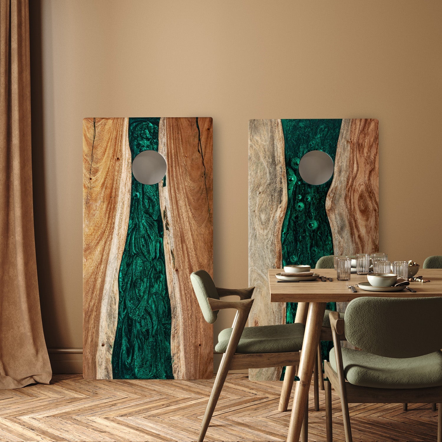 Dining room with wooden table and chairs, and abstract art on the wall.