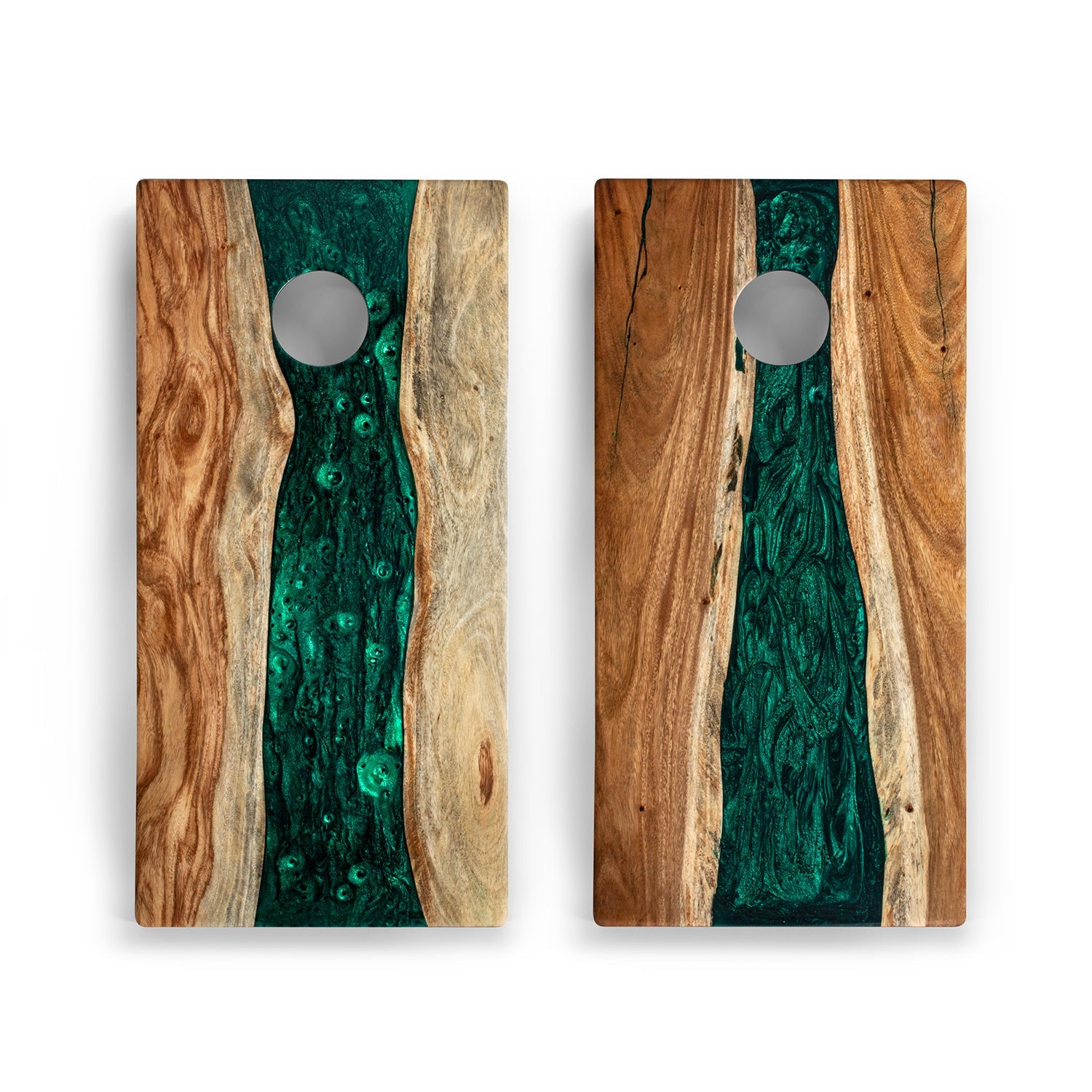 Two wooden boards with green resin inlay on a white background