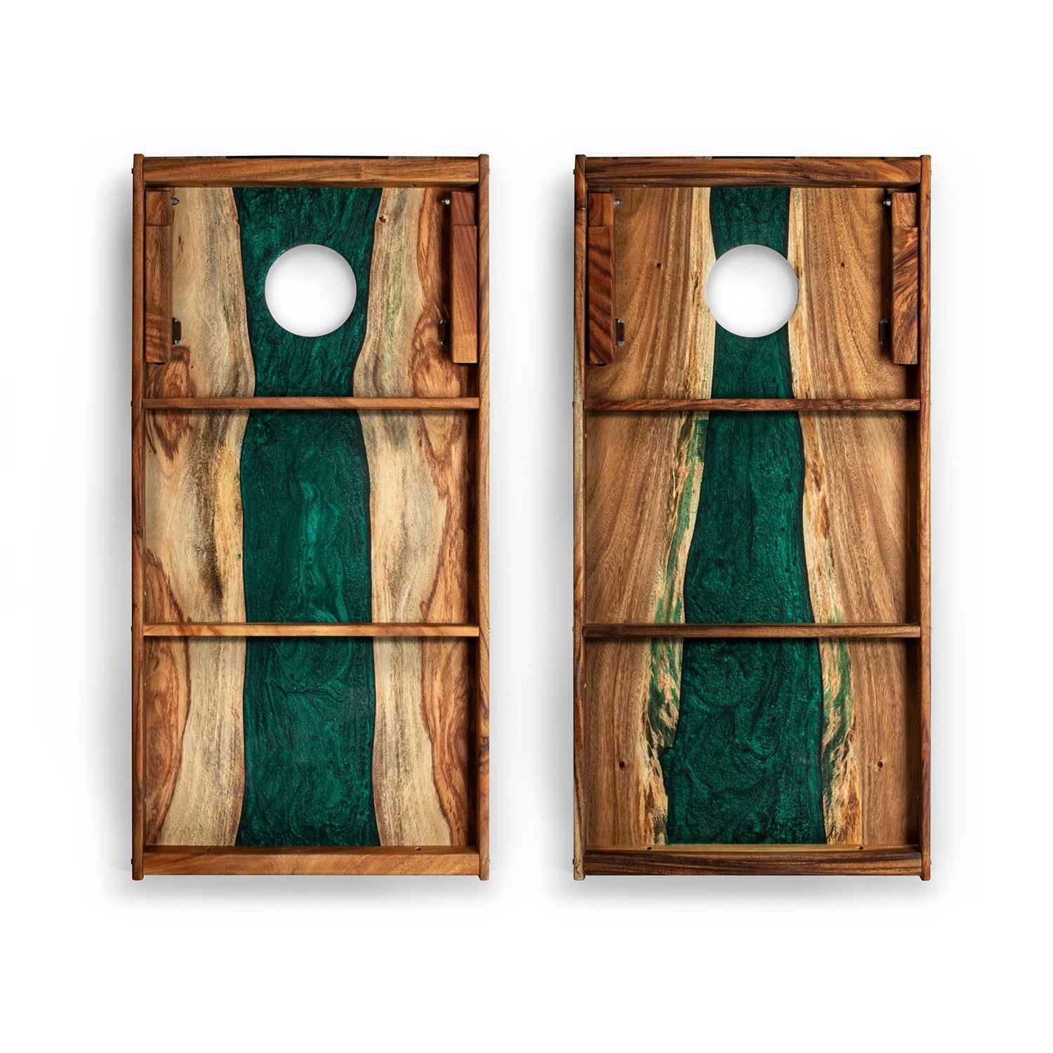 Two wooden cornhole boards with green and brown design on a white background