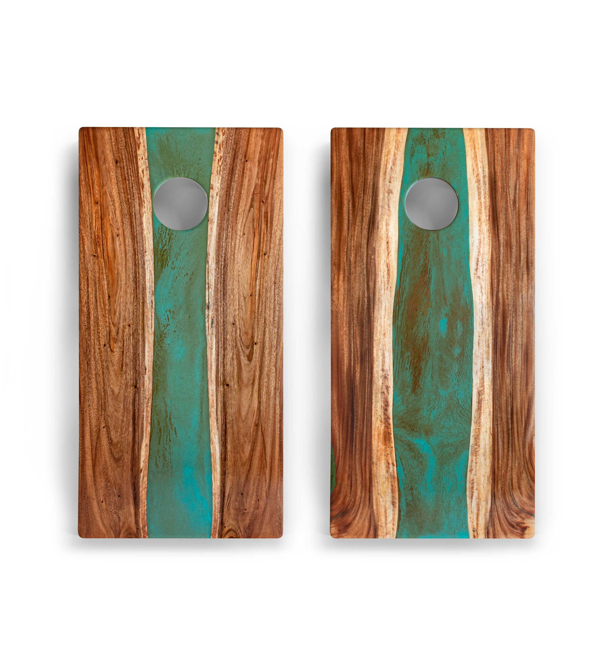 Two wooden cutting boards with turquoise resin inlay on a white background
