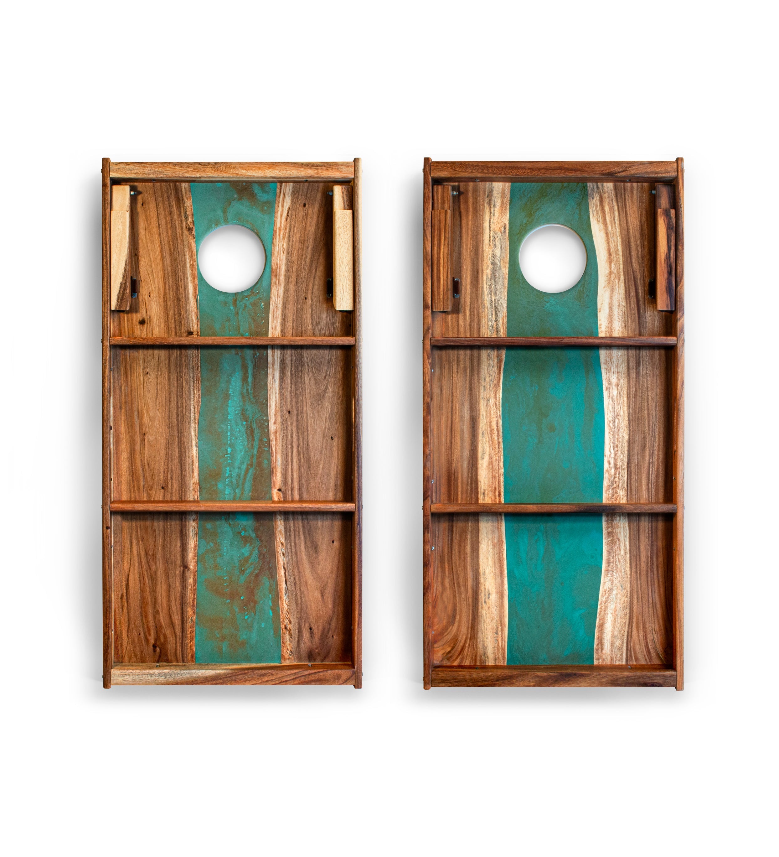 Two wooden wall shelves with teal resin accents on a white background