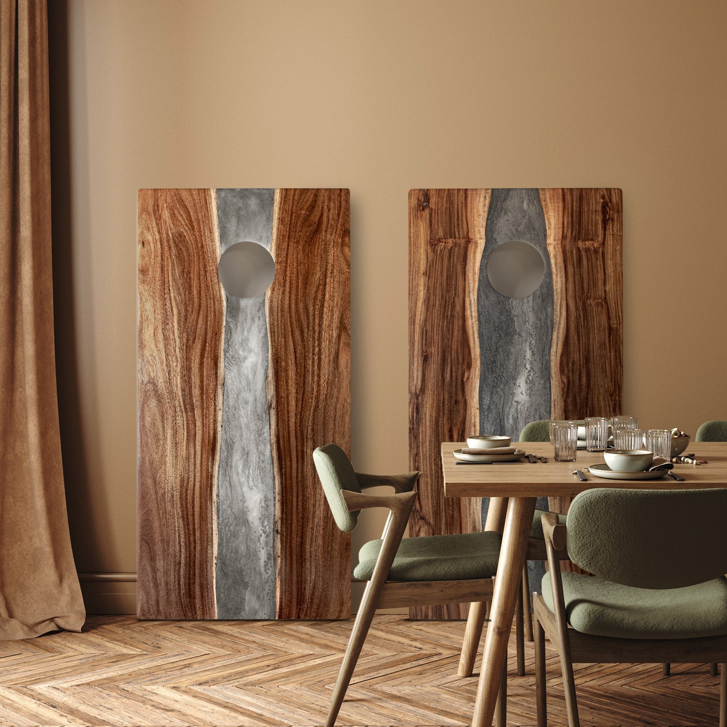 Dining room with wooden wall art and a table set for four.