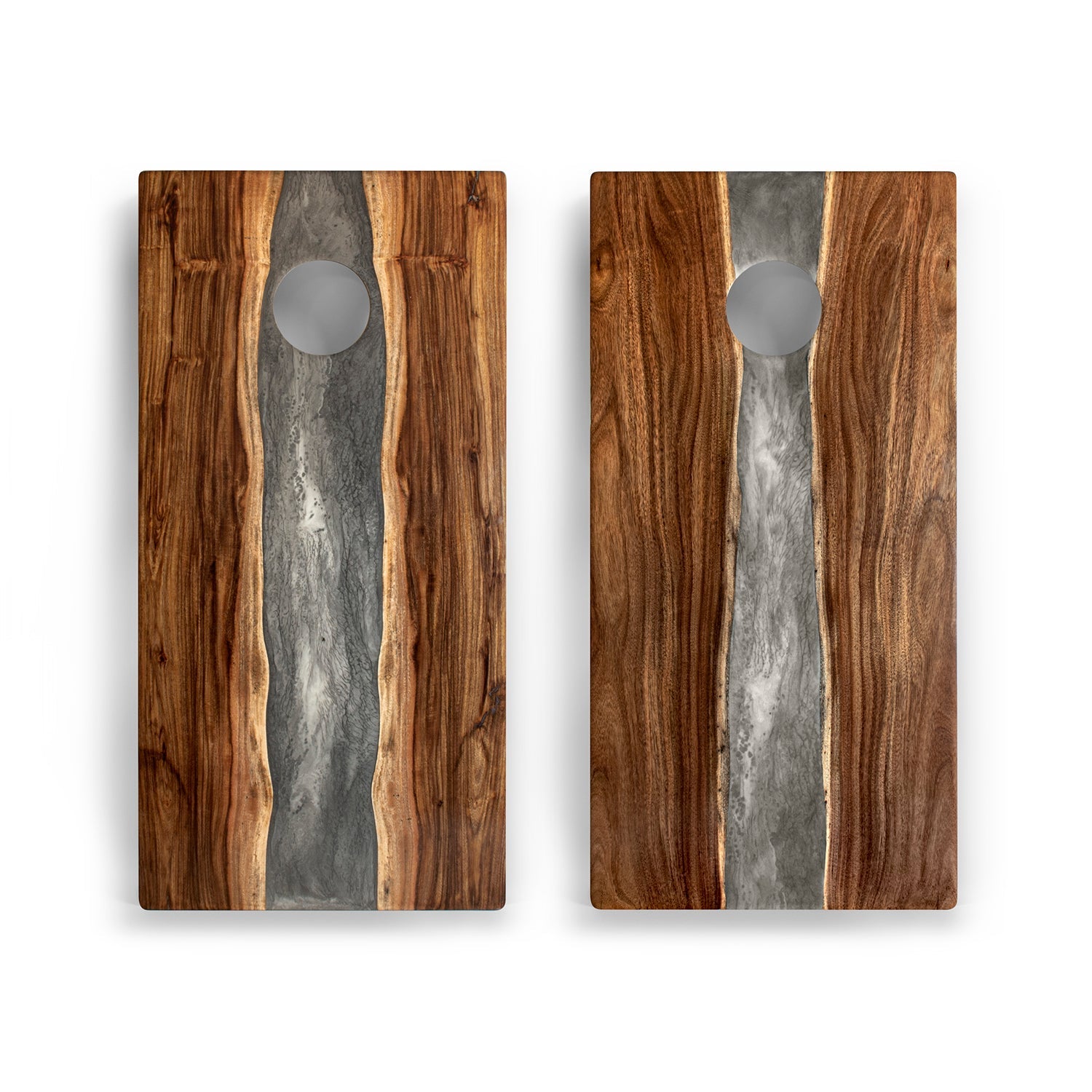 Two wooden boards with a gray stripe on a white background