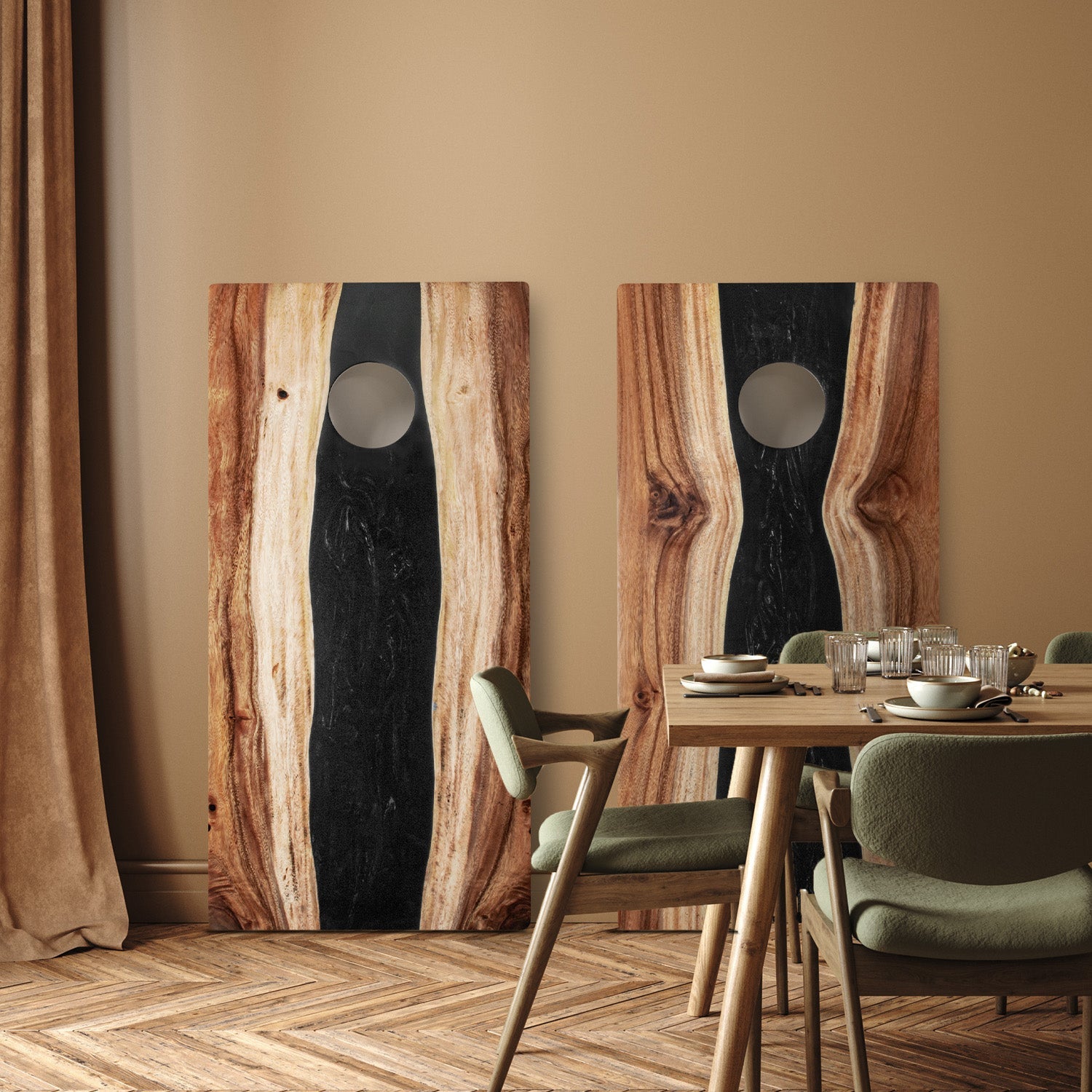 Dining room with wooden wall art and a table set for four.