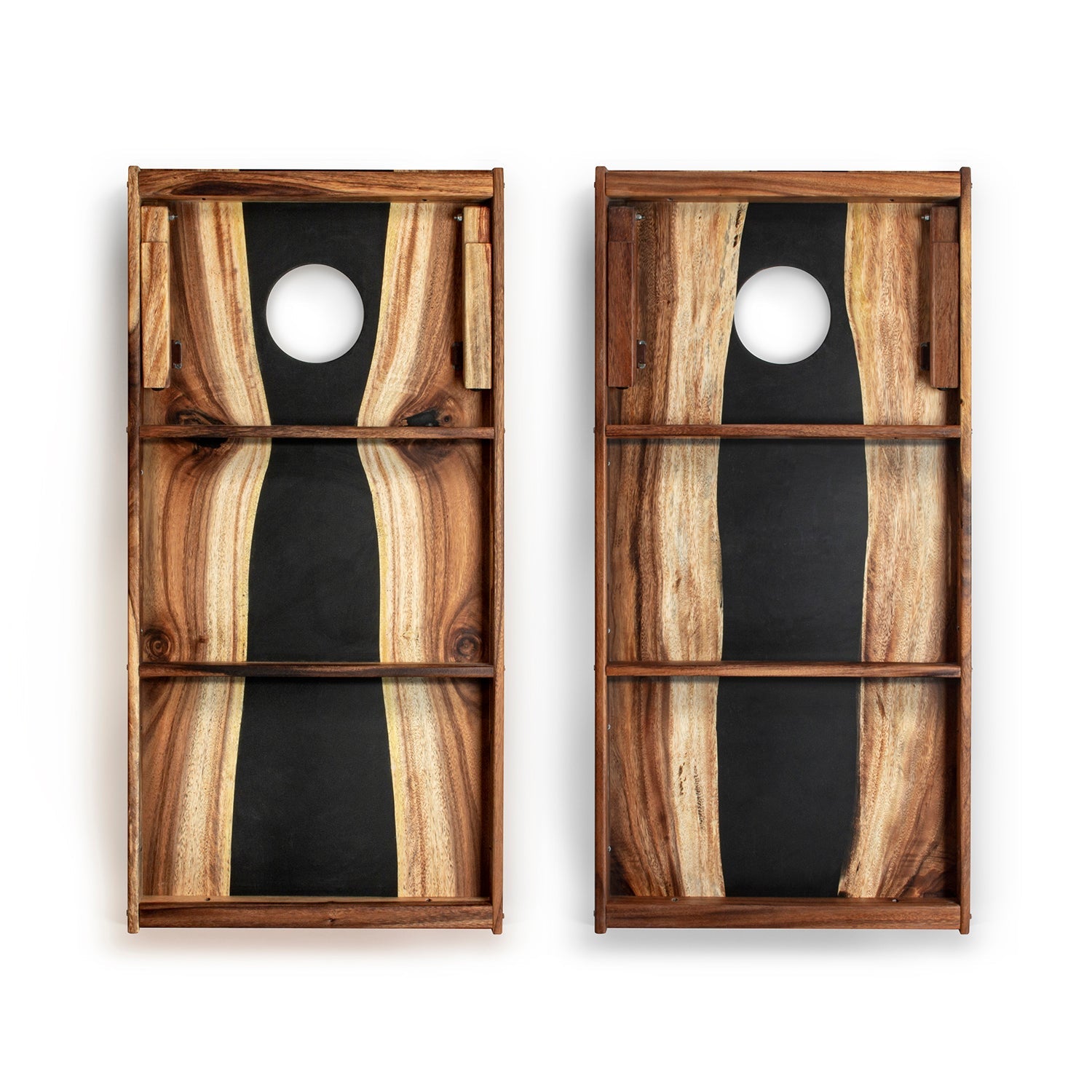 Two wooden wall-mounted shelves with black panels and white spherical lights on a white background