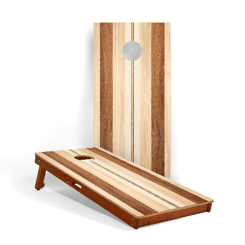 Wooden cornhole board with striped design on a white background