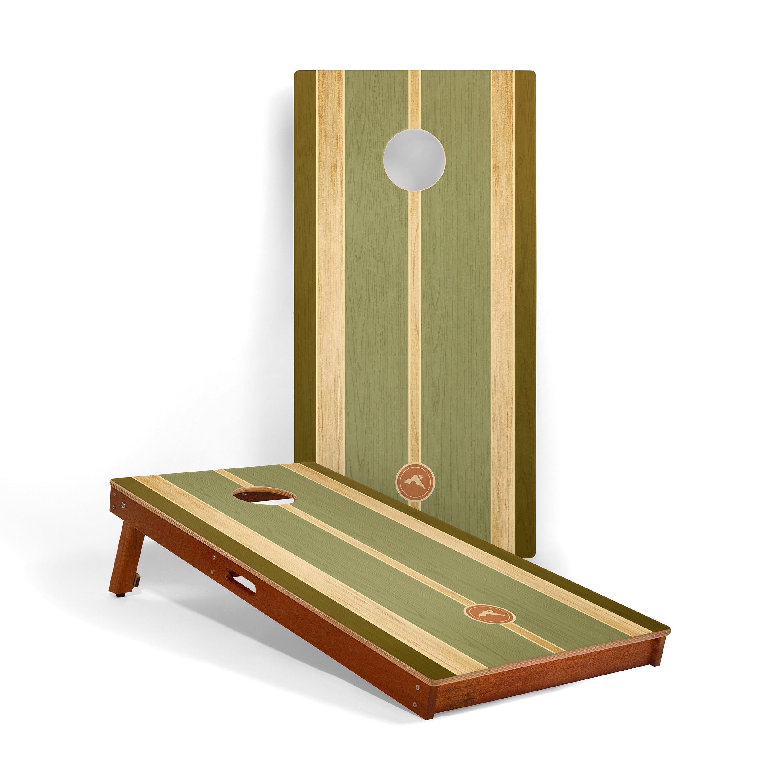 Cornhole board with green and brown design on a white background