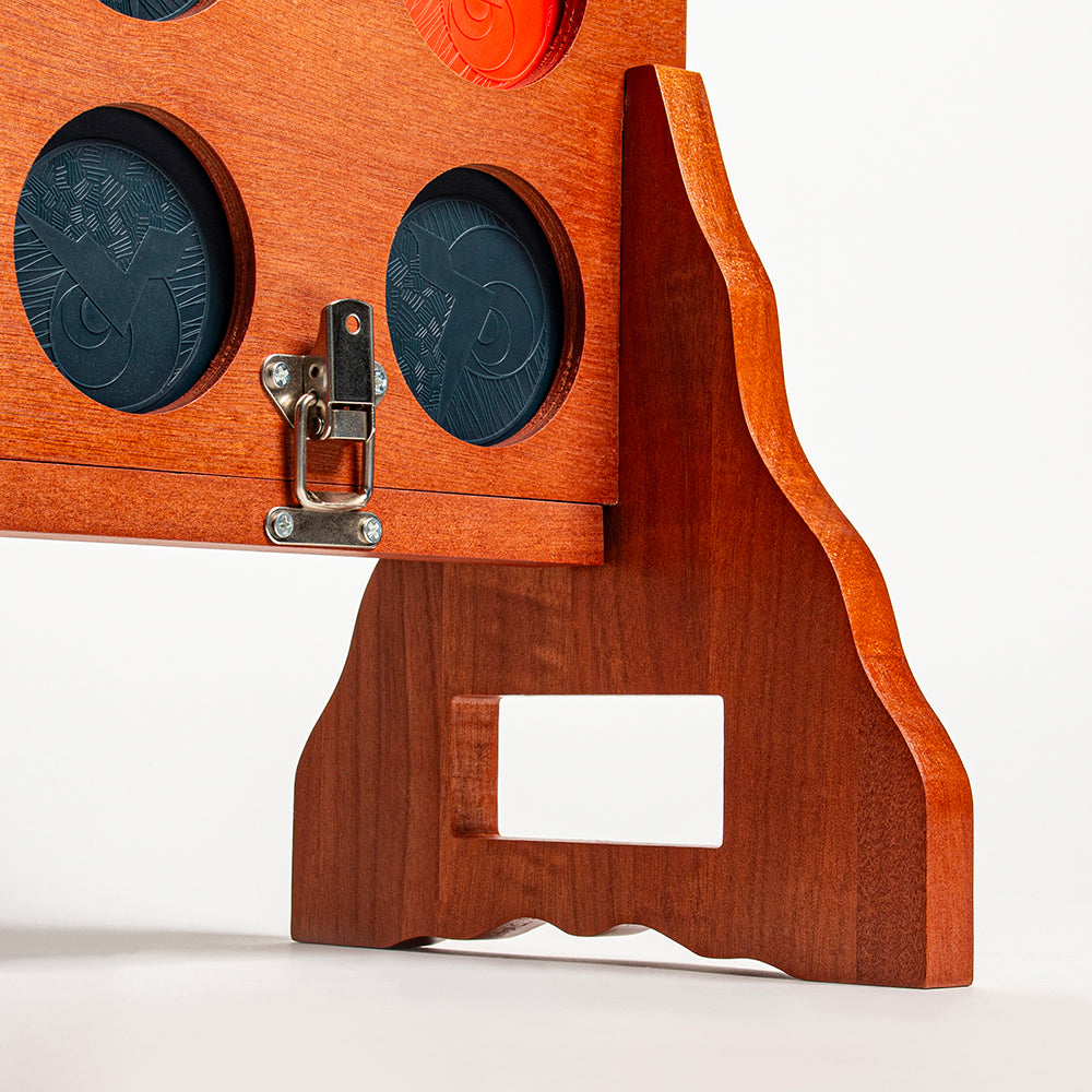 Wooden display stand with circular cutouts and a latch on a white background