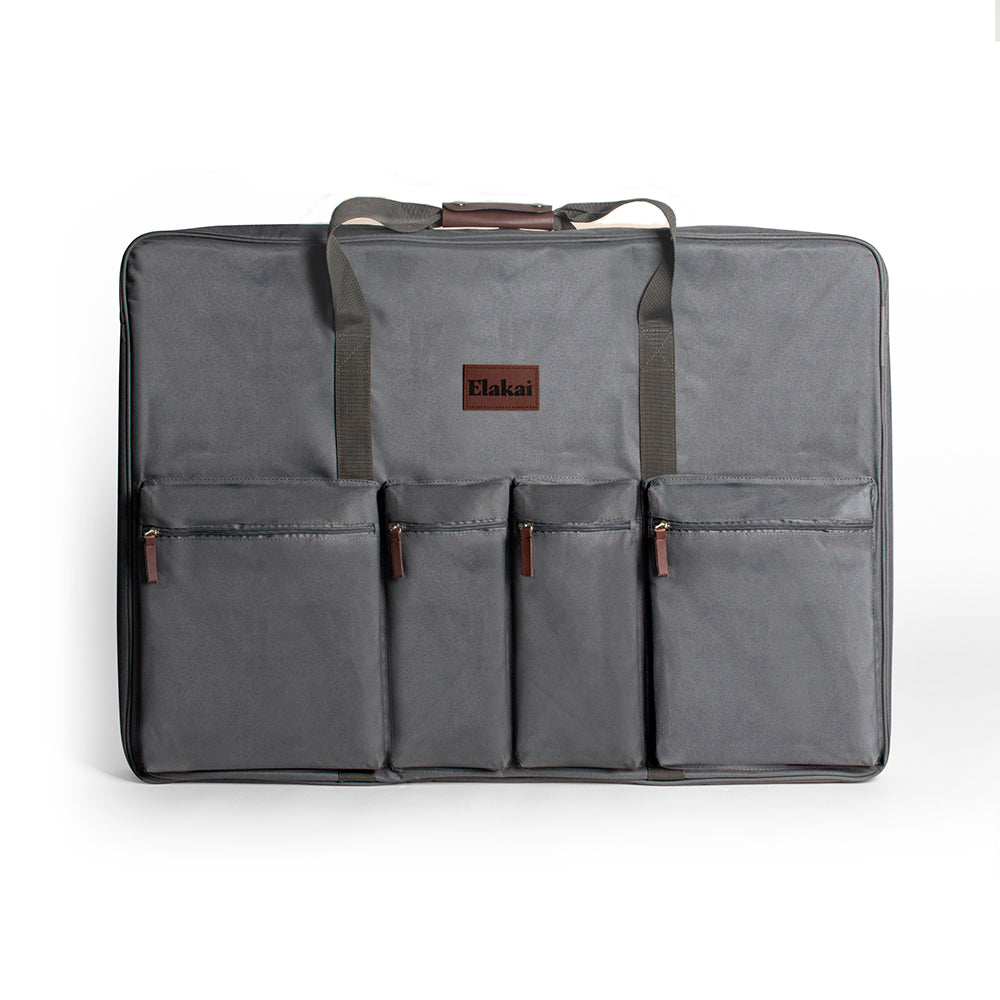 Gray carrying case with multiple pockets and a brand logo on a white background