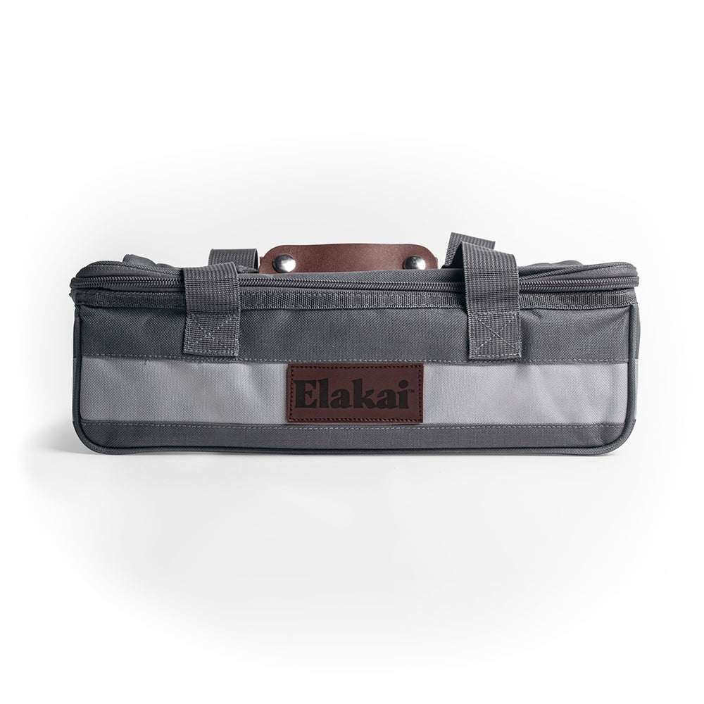 Gray tool bag with brown Elakai logo on a white background