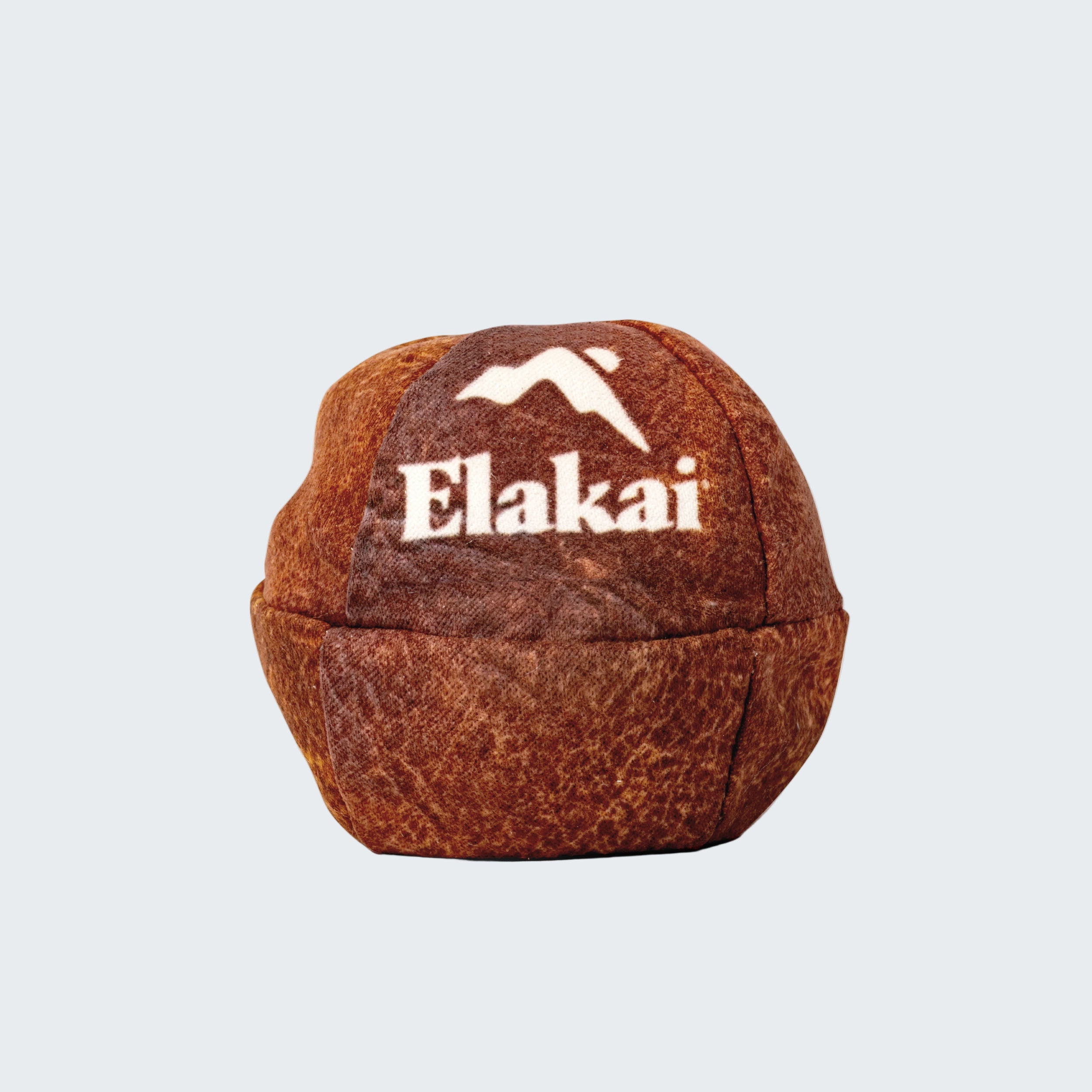 Brown textured ball with 'Elakai' logo on a white background