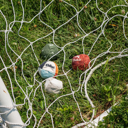 Four dog balls with 'Elkari' branding on a grassy field.