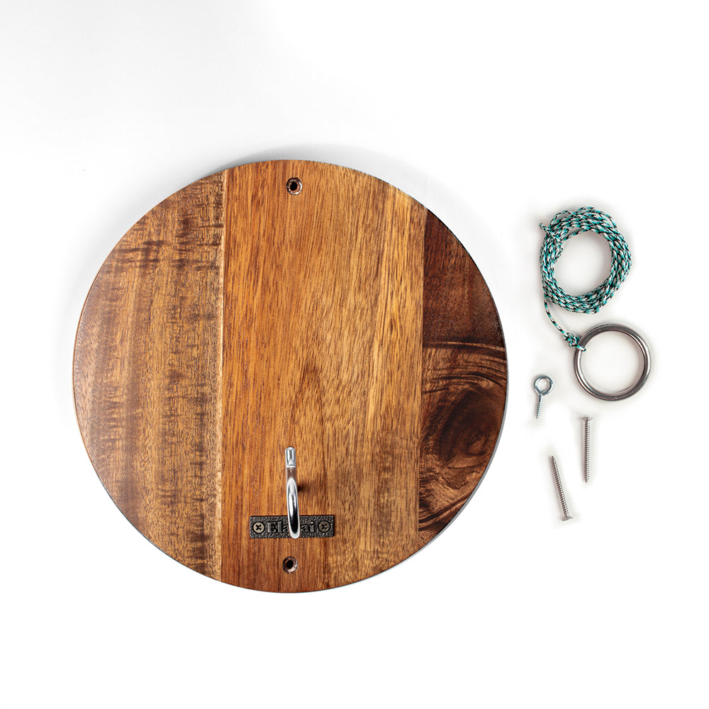 Wooden wall hook with keys and rope on a white background