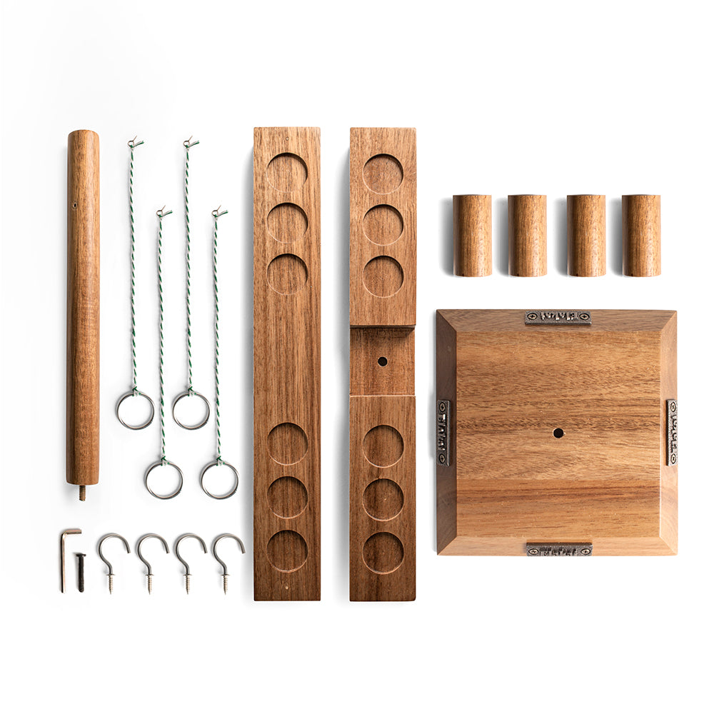 Wooden outdoor furniture set with various components on a white background