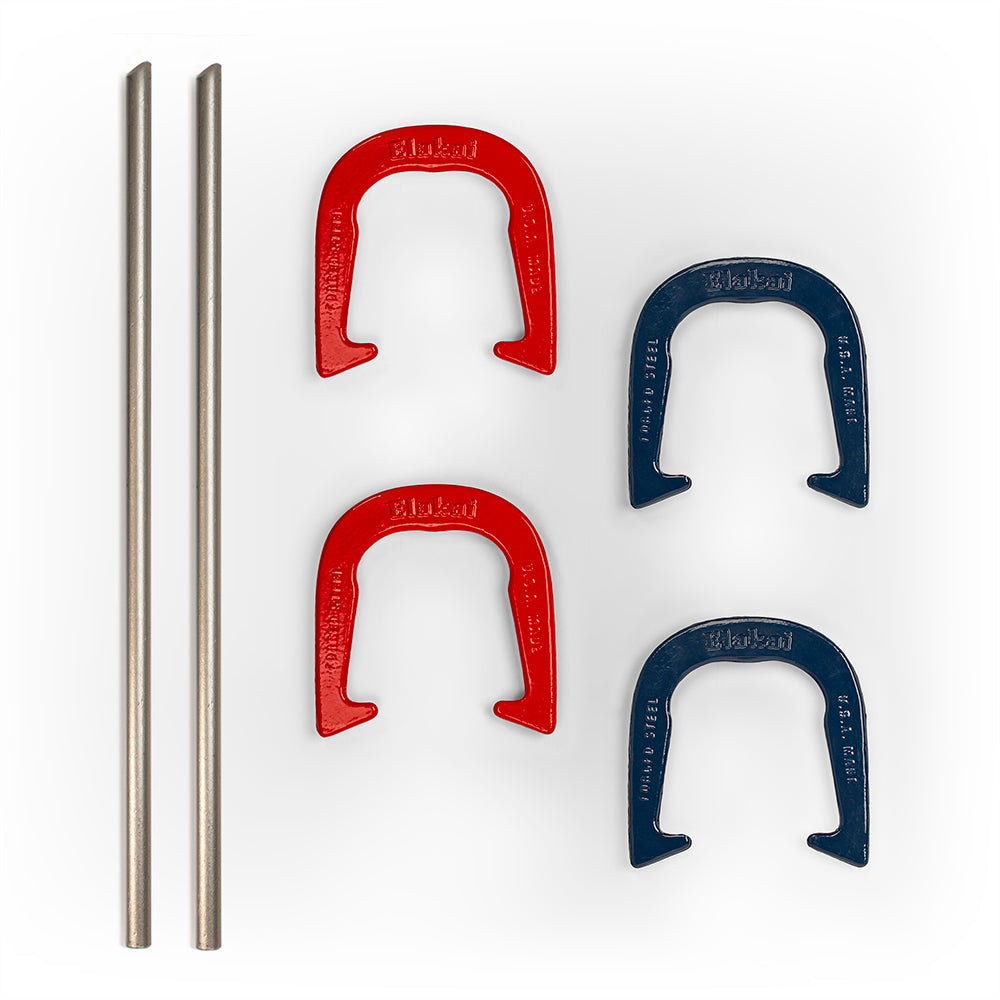 Set of red and blue horseshoes with two metal sticks on a white background