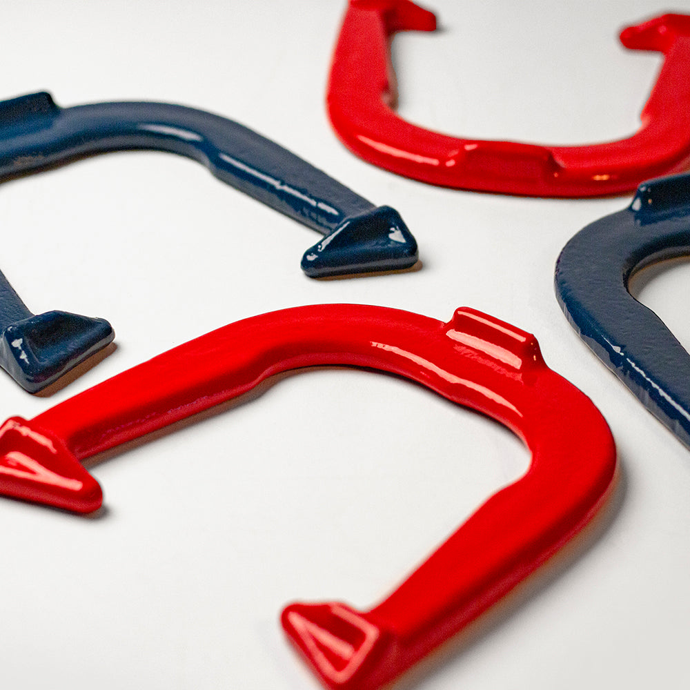 Red and blue horseshoes on a white background