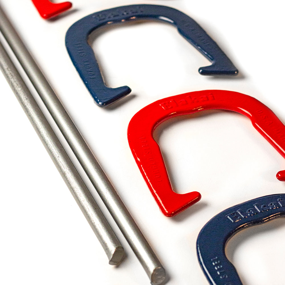 Red, blue, and silver horseshoes on a white background