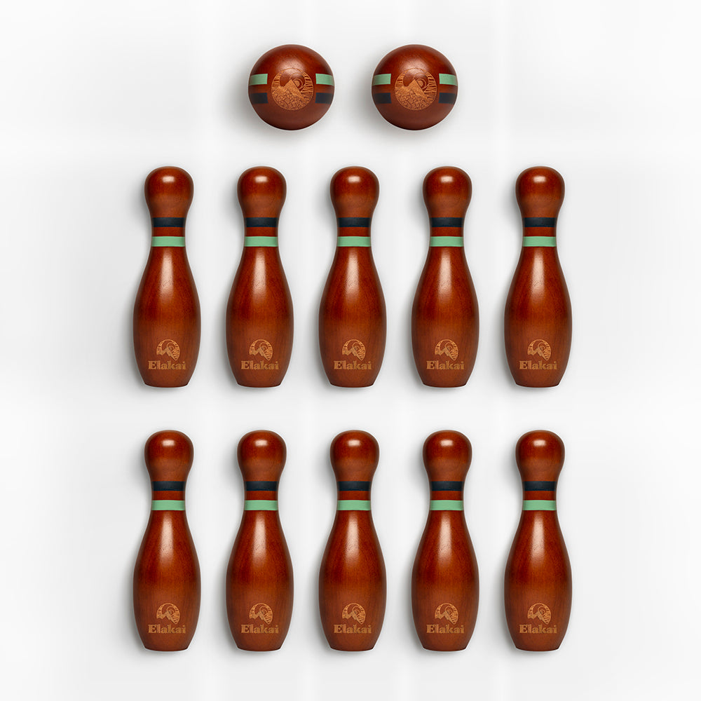 Set of wooden bowling pins with Elband logo on a white background