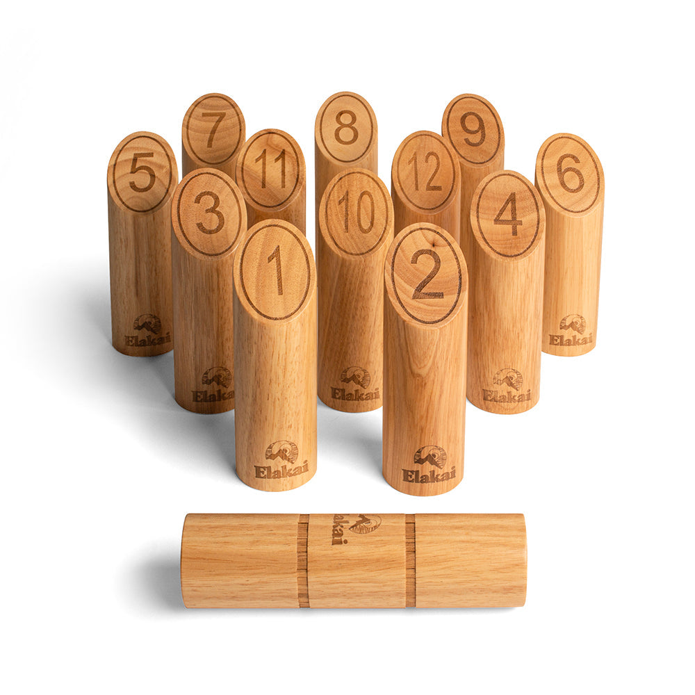 Set of wooden bowling pins with numbers on a white background