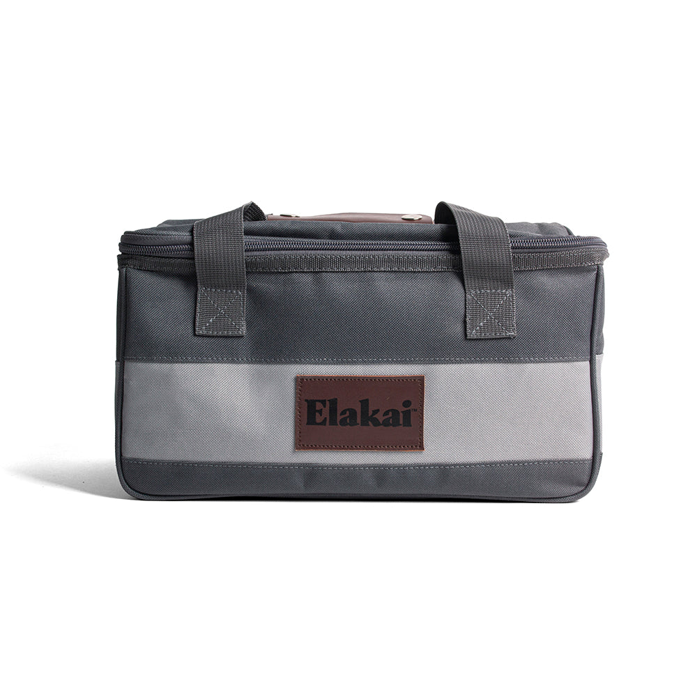 Gray cooler bag with brown Elakai logo on a white background