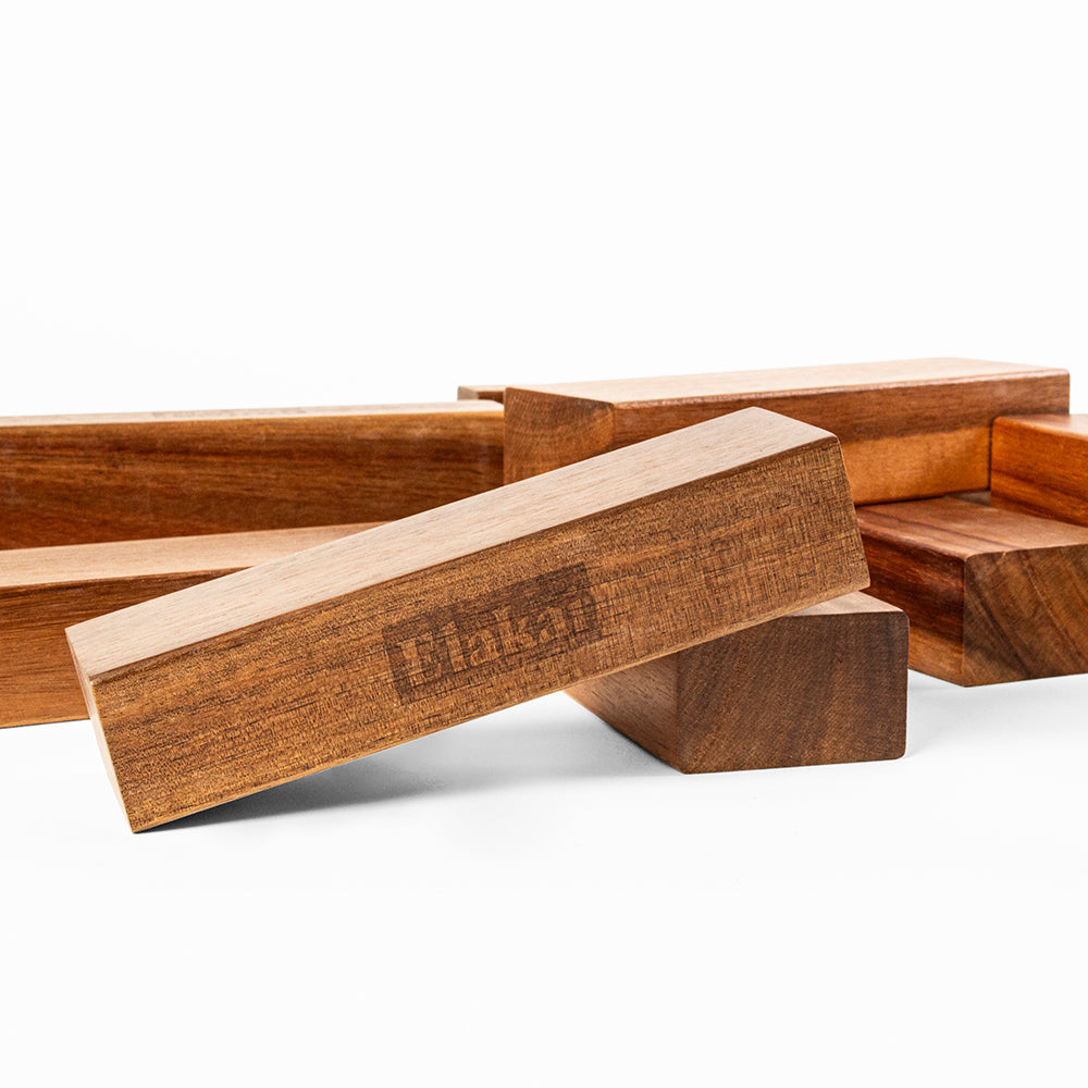 Wooden blocks with a brand logo on a white background