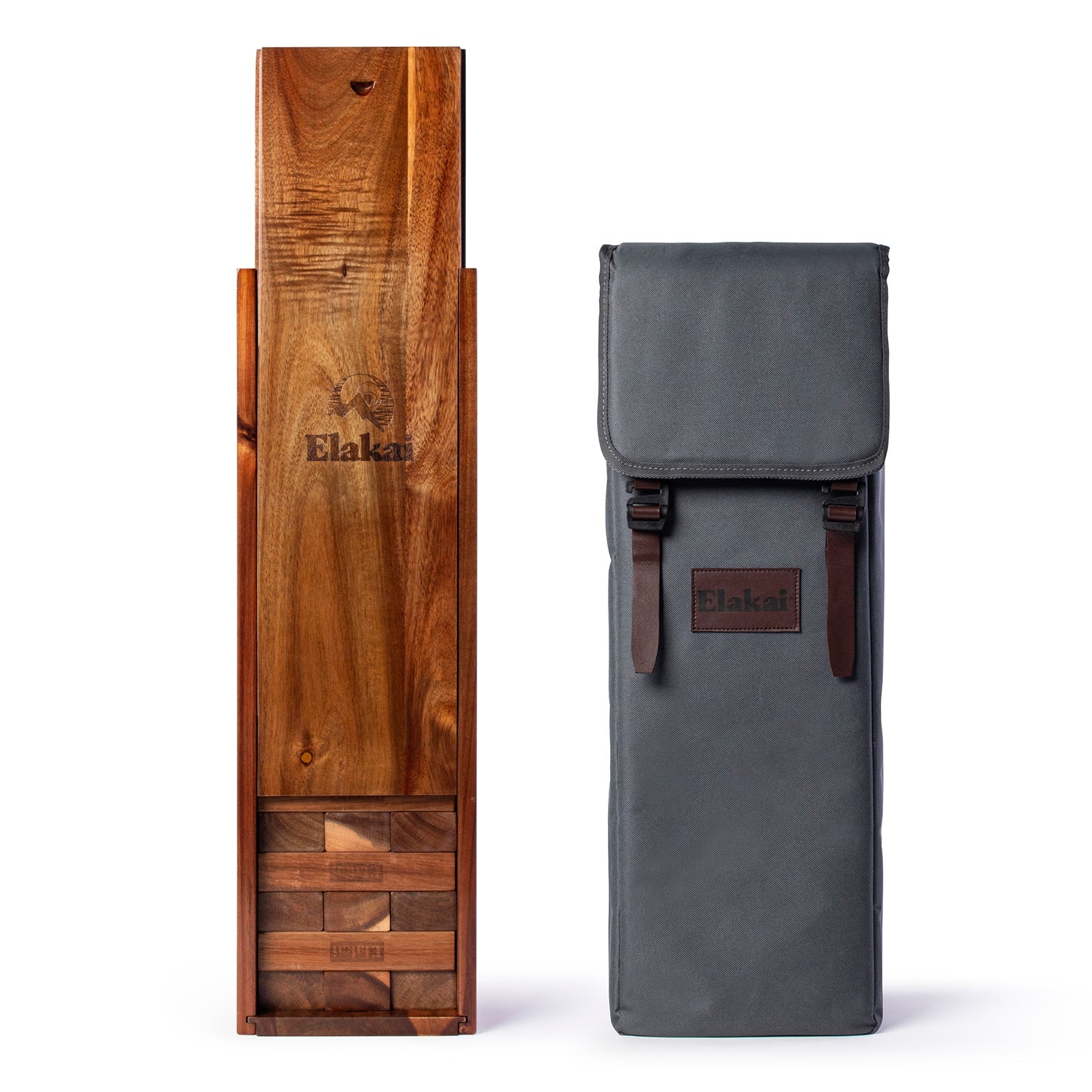 Wooden box and gray bag with 'Elakal' branding on a white background
