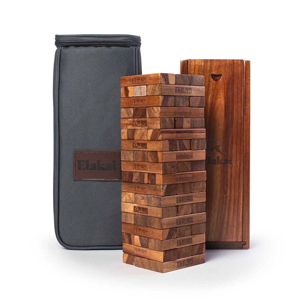 Wooden Jenga game set with a carrying bag on a white background