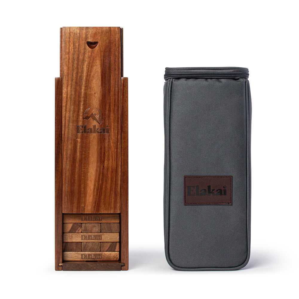 Wooden and gray knife sheaths with 'Elakai' branding on a white background